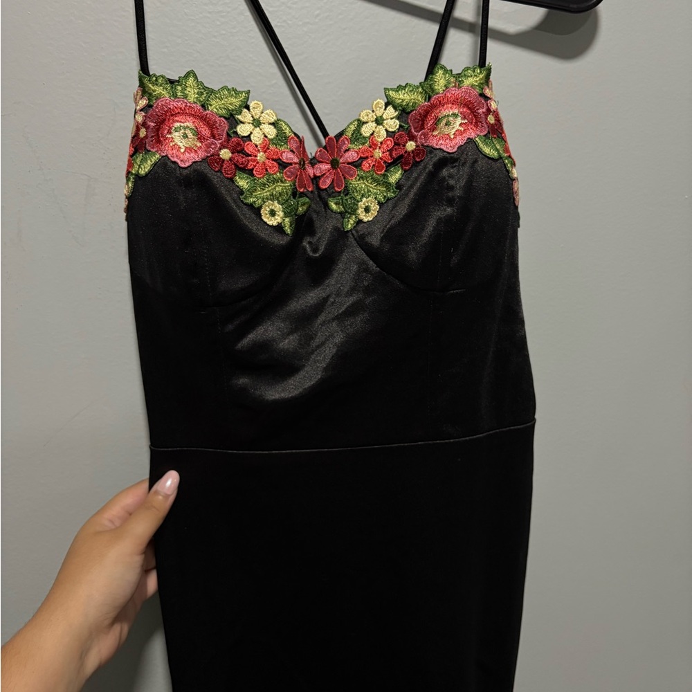 Speechless Black Dress with Red and Green Floral Embroidery